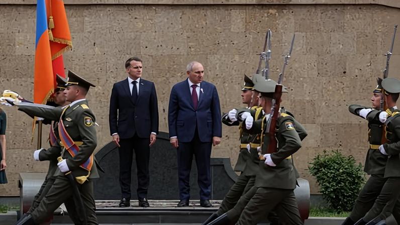 France's president, Emmanuel Macron, and Armenia's prime minister, Nikol Pashinyan, attend an official ceremony in Yerevan.