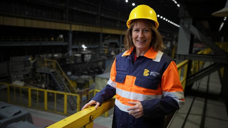 Rachel Reeves in a hard hat and protective jacket on a visit to British Steel’s Scunthorpe site