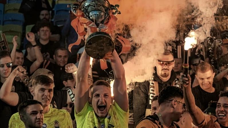 Shakhtar Donetsk’s goalkeeper Dmytro Riznyk lifts the Ukrainian Premier League trophy after his side beat SC Poltava to secure a 16th title this month.