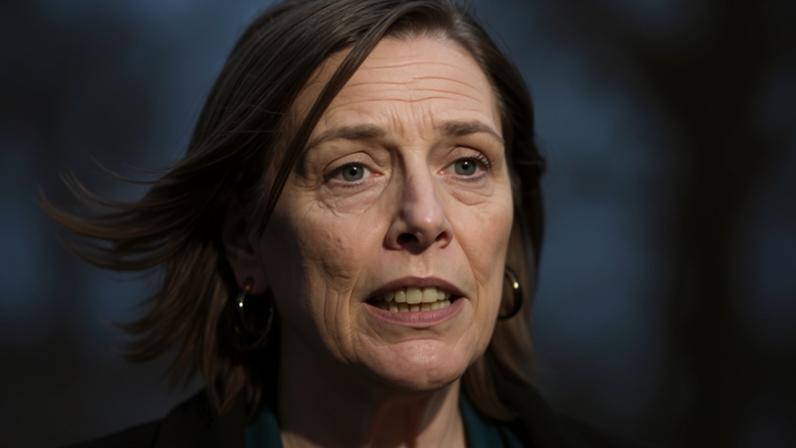 Phillips speaks while looking upward, with hoop earrings and hair blowing to one side.