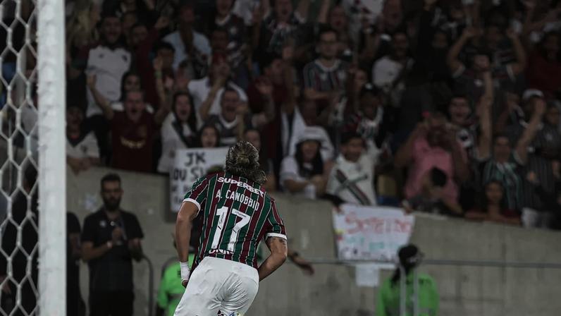 Canobbio comemora o terceiro gol do Fluminense contra o La Guaira (Foto: Lucas Merçon/ Fluminense FC)