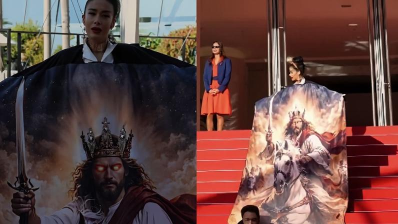 Massiel Tavares usou uma capa sobre a volta de Jesus em Cannes. (Foto: Reprodução/Instagram/Massiel Tavares).