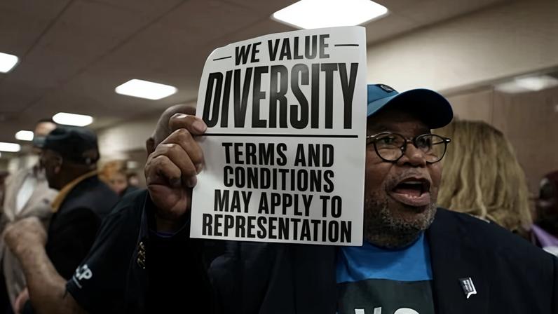 A man protests at a public hearing on redistricting in Baton Rouge, Louisiana, on 8 May 2026.