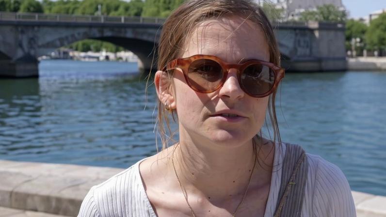 Split-screen showing packed river cruise in Paris on the left, and woman wearing sunglasses on the right being interviewed