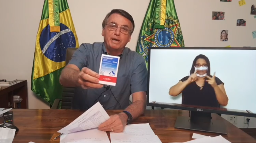 O presidente Jair Bolsonaro, em campanha pelo uso da hidroxicloroquina. Foto: Reprodução/Facebook