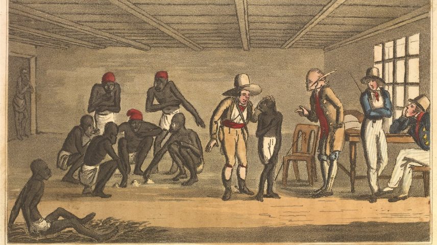 Un comerciante de Minas Gerais regateando en el mercado de esclavos de Río de Janeiro. Impreso por Geo. B. Whittaker, 1826.