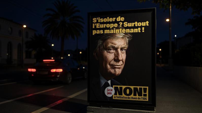 A Swiss political poster depicts US President Donald Trump, with the French slogan "Isolating ourselves from Europe? Certainly not now!" in Lausanne, on May 25.