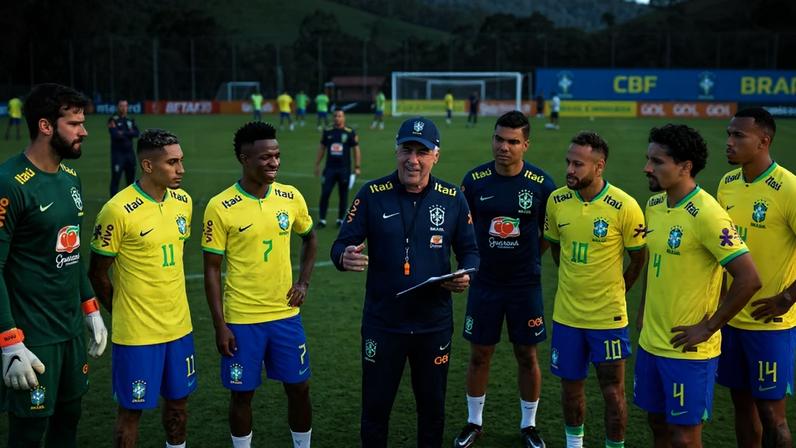 Foto gerada por inteligência artificial com o técnico Carlo Ancelotti e com alguns dos convocados para a Copa do Mundo
