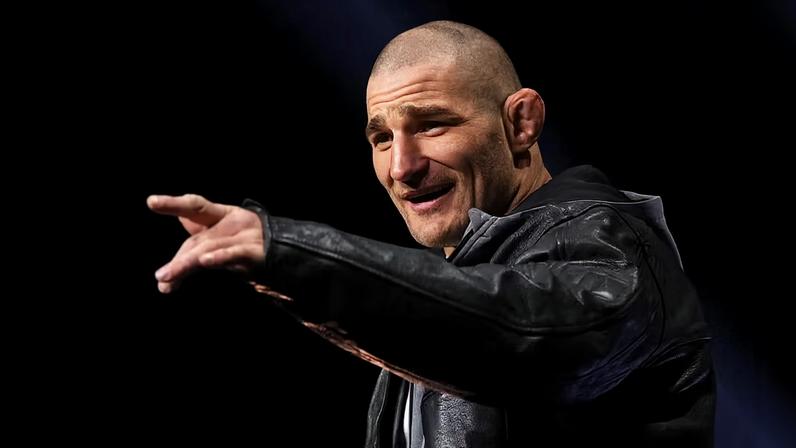 UFC middleweight champion Sean Strickland is seen on stage during the UFC 2024 seasonal press conference at MGM Grand Garden Arena on December 15, 2023 in Las Vegas, Nevada. (Photo by Cooper Neill/Zuffa LLC via Getty Images)