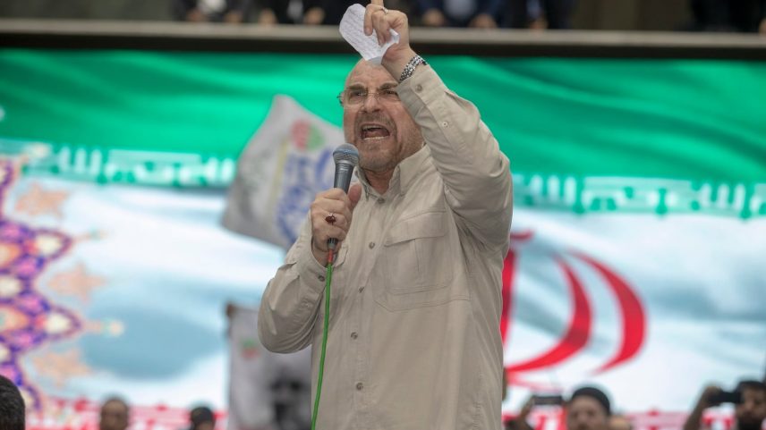 Conservative Iranian parliament Speaker Mohammad Bagher Qalibaf, a candidate for the June 28 presidential election, addresses a rally June 26, 2024 in Tehran.