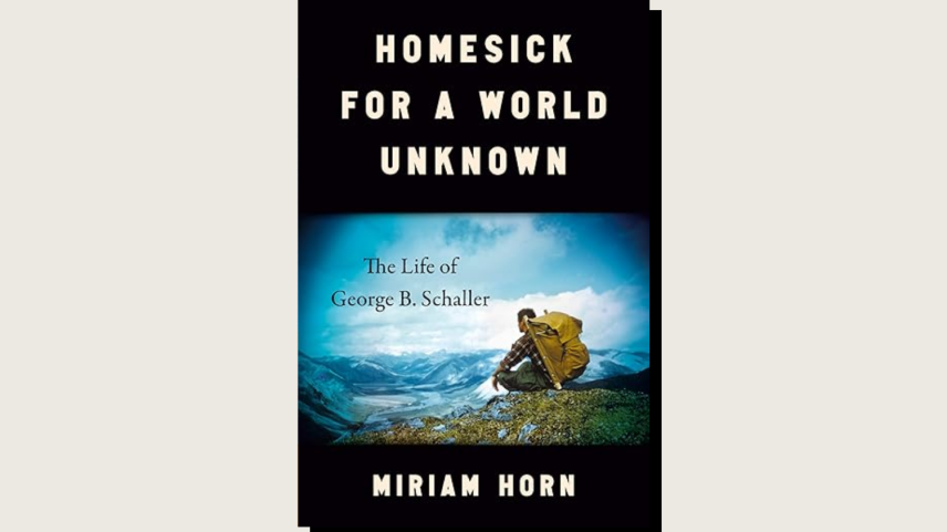A book cover titled "HOMESICK FOR A WORLD UNKNOWN" in bold, light-colored uppercase letters against a black background. Centered in the middle is a horizontal photograph of a person wearing a large backpack, sitting on a rocky ridge and looking out over a vast valley and distant snow-capped mountains under a bright blue sky. Below the title, smaller text reads "The Life of George B. Schaller." The author's name, "MIRIAM HORN," is printed in bold at the bottom.