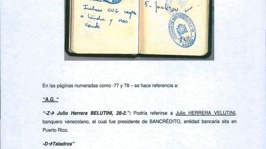 Página del informe de la UDEF con una de las páginas de la agenda de Julio Martínez incautada al empresario.