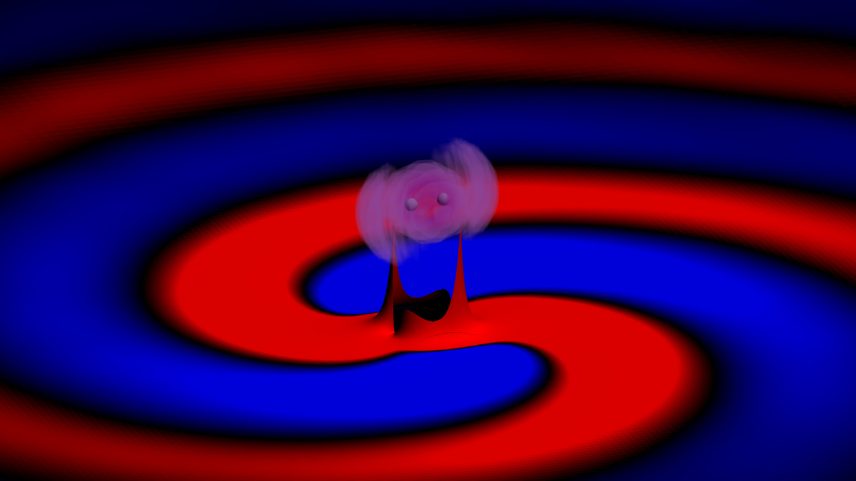 Two black holes in the center of swirling matter