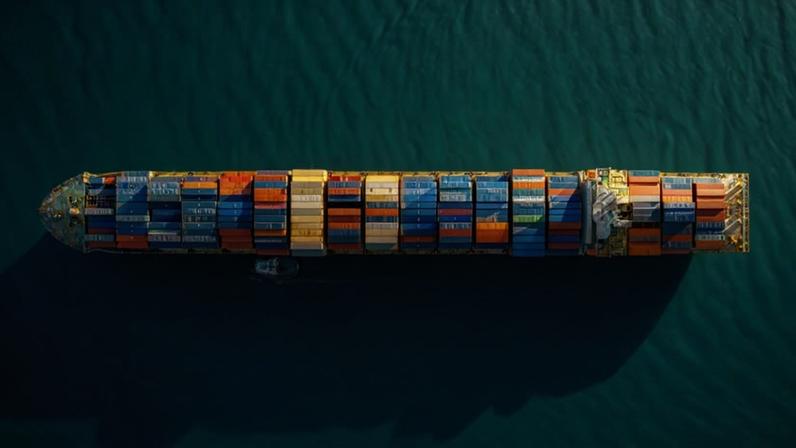 Aerial view of a cargo ship. Photo by Cameron Venti / Ocean Image Bank