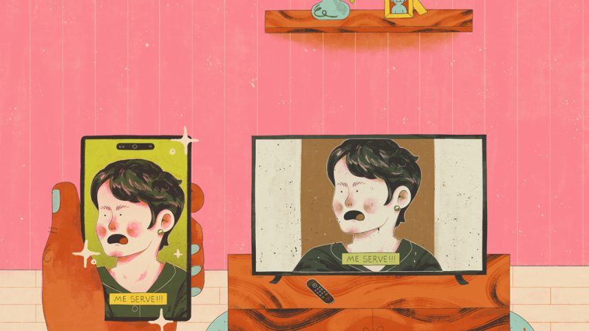 Ilustração de uma mão segurando um smartphone diante de uma tela de TV. Ambos mostram a mesma cena na tela.