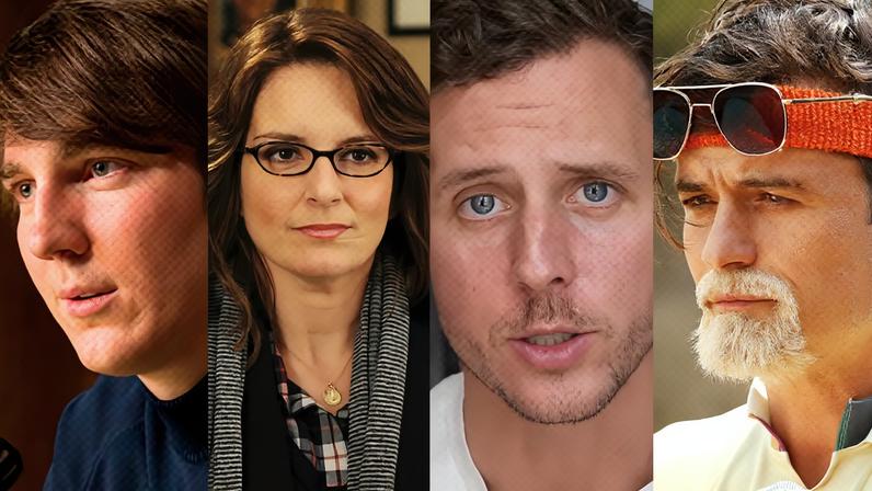 Montagem com fotos das produções: Love & Mercy (2015); 30 Rock (2006-2013); Search Party (2023-) e Tour de Farmácia (2017).