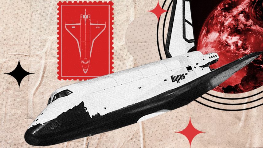 Ônibus espacial Buran soviético em preto e branco, com a palavra "Буран" na lateral, voando sobre um planeta vermelho. No canto superior esquerdo, um selo postal vermelho com a imagem do Buran. O fundo é um papel amassado bege com estrelas pretas e vermelhas.