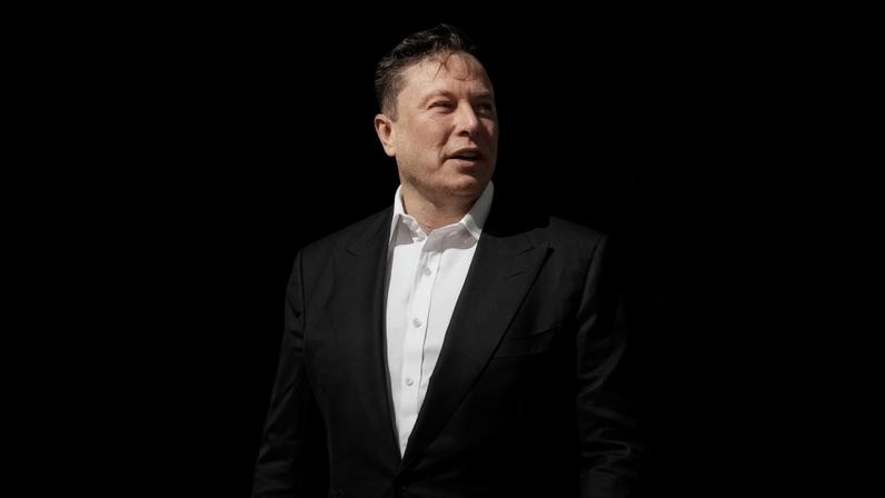 A photo of Elon Musk against a background with the Twitter logo and the scales of justice.