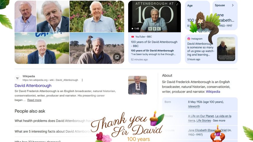 A screenshot of David Attenborough’s 100th birthday Google Doodle.