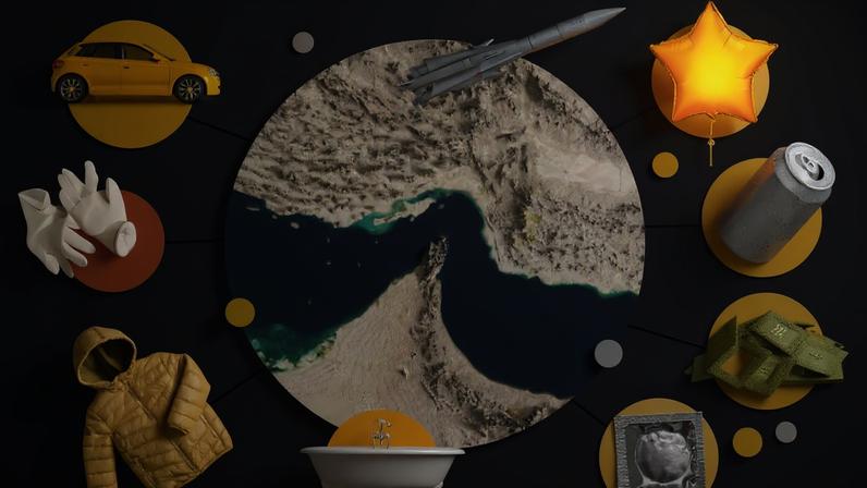 An infographic featuring a large central circular map of the Strait of Hormuz, showing the narrow waterway between landmasses. Surrounding the central map are several colorful circular icons, each containing an everyday object, connected to the map by thin black lines. The objects in the icons, moving clockwise from the top left, include: A yellow electric car, a gray missile, a gold star-shaped balloon, a silver aluminum beverage can, a pile of computer microchips, a square silver foil packet, resembling a condom wrapper, a white clawfoot bathtub, a yellow puffy winter jacket, a pair of white latex gloves Small, solid-colored dots in shades of yellow, beige, and black are scattered around the graphic.