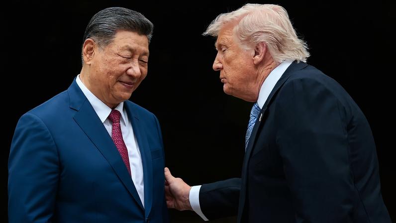 U.S. President Donald Trump, right, gestures to Chinese President Xi Jinping in Beijing.