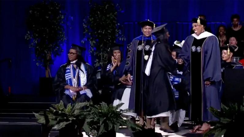 Angelina Jolie and Brad Pitt’s daughter dropped her dad’s last name as she graduated from Spelman College on Sunday.