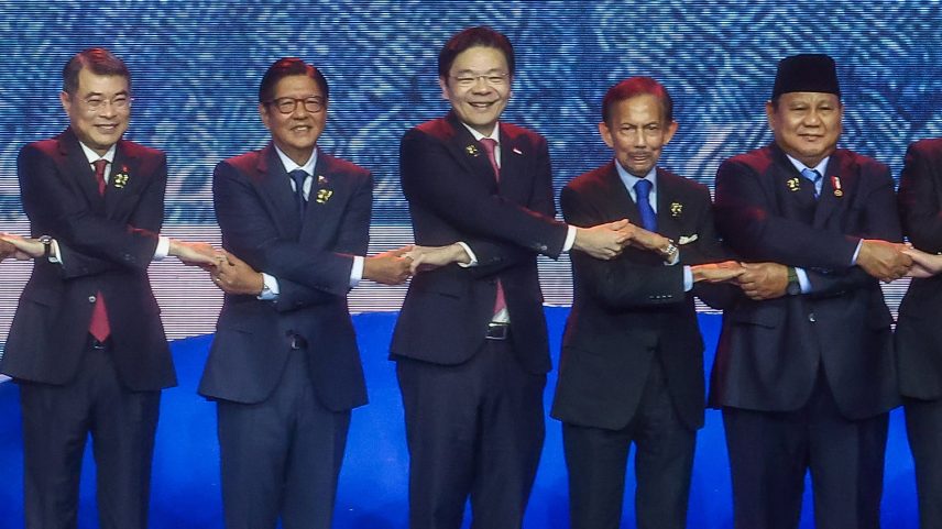 From left to right, Singaporean Prime Minister Lawrence Wong, Bruneian Prime Minister Hassanal Bolkiah, Indonesian Prime Minister Prabowo Subianto, Cambodian Prime Minister Hun Manet, and Lao Prime Minister Sonexay Siphandone during a family photo session at the official opening ceremony of the 48th ASEAN summit, seen in Cebu, Philippines, on May 8.