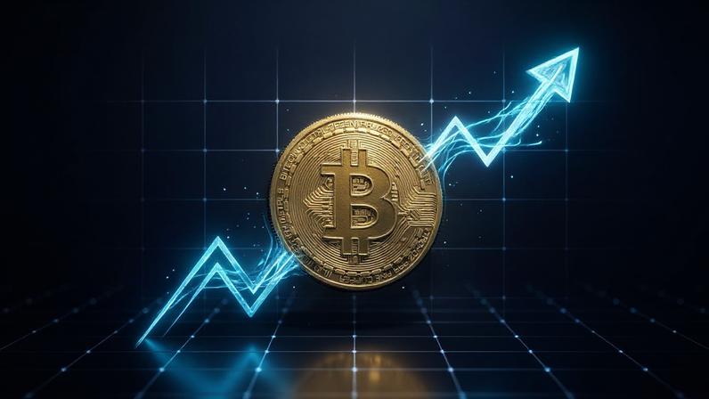 Bitcoin and rising stock market graph merging in purple-magenta gradient with grid overlay