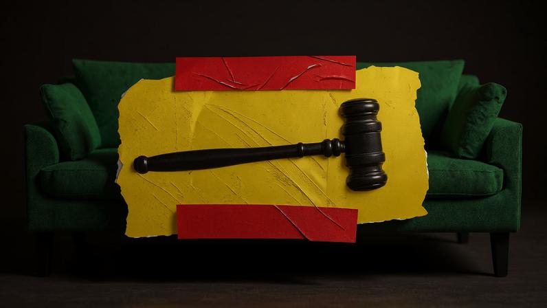 A couch and gavel covered in red tape.