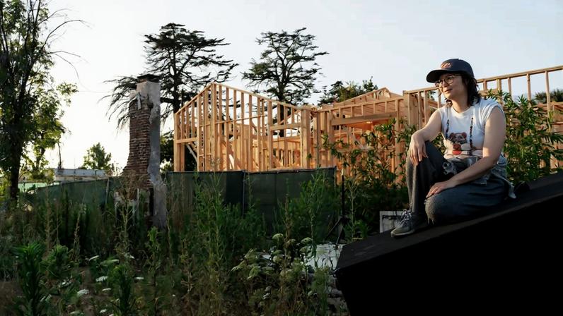 Kelly Akashi at the site where her house and studio once stood in Altadena, California