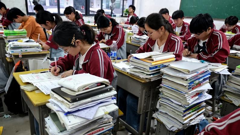High school students in matching maroon and gray jackets sit in a classroom and study at desks piled high with stacks of books, notebooks, and papers at their sides.