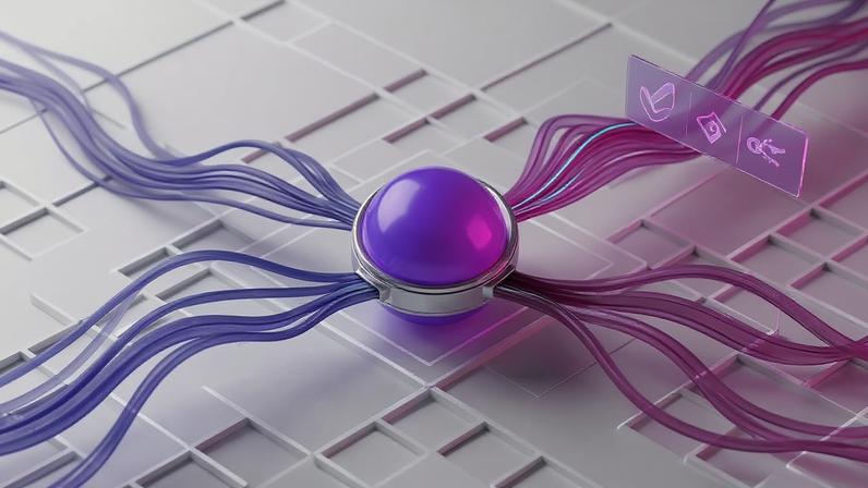 AI neural network sphere with purple-magenta gradients connecting to regulatory compliance holograms on grid backdrop