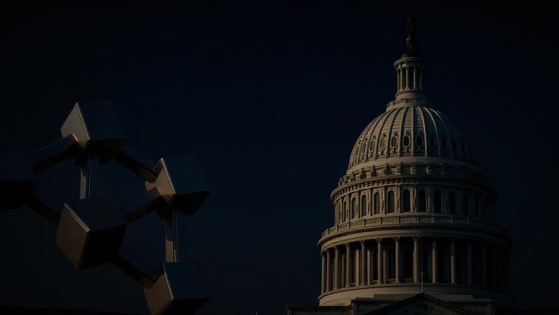 U.S. Capitol building with 3D blockchain structure representing crypto advocacy for CLARITY Act legislative push
