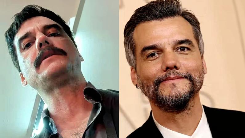 Wagner Moura nos bastidores de 'Flesh of the Gods' — Foto: Reprodução/X e Getty Images