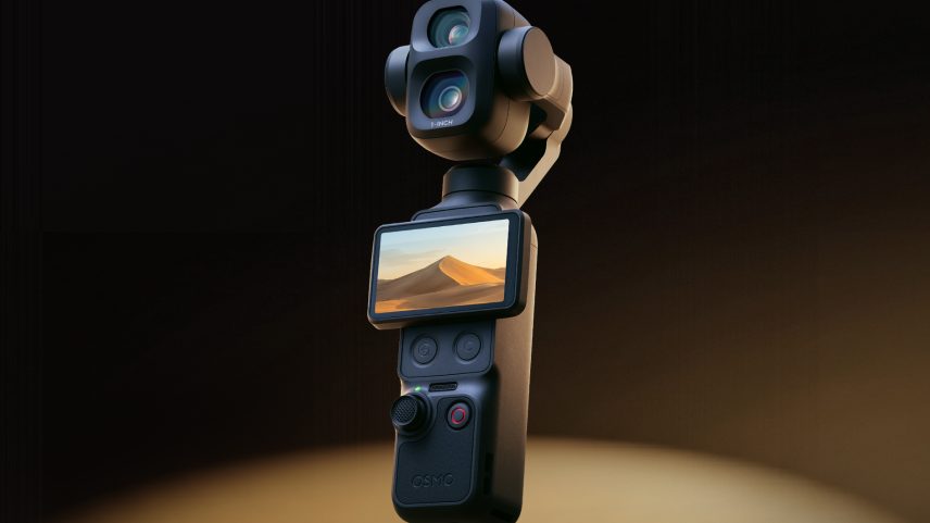 The DJI Osmo Pocket 4P camera displaying a desert on screen.