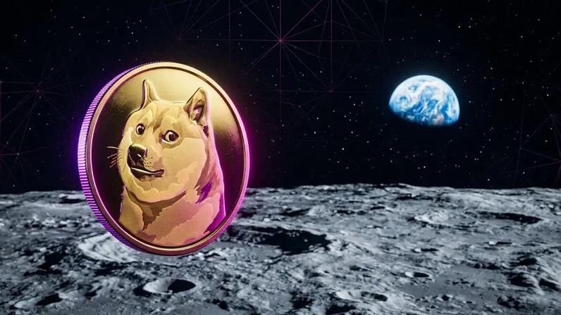 Dogecoin floating above moon surface with Earth in background and purple gradient lighting