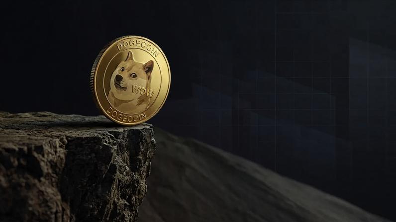 Dogecoin balanced precariously on edge with purple-magenta gradient background representing price uncertainty