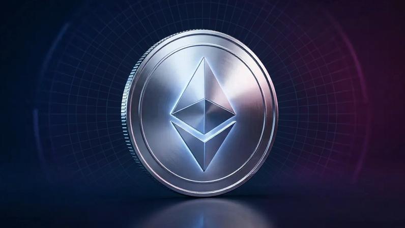 Ethereum coin with purple gradient tech grid and holographic data visualizations in studio lighting