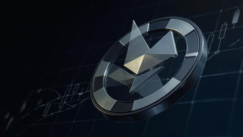 Ethereum coin with purple gradient and grid overlay representing price momentum and technical analysis