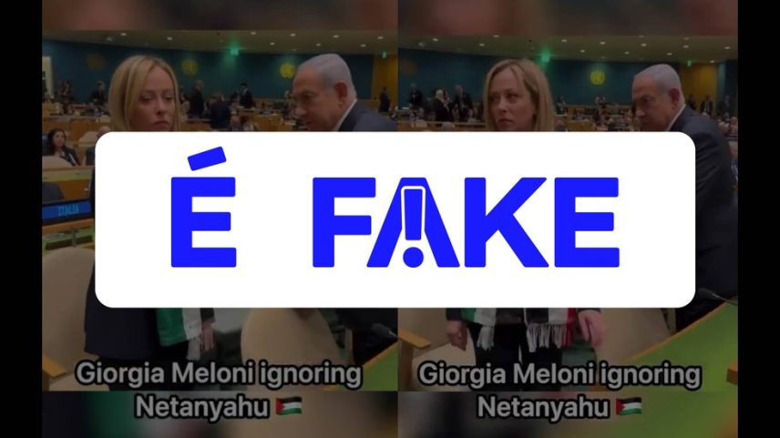 É #FAKE vídeo de Giorgia Meloni se recusando a apertar a mão de Benjamin Netanyahu; cena foi criada com inteligência artificial — Foto: Reprodução