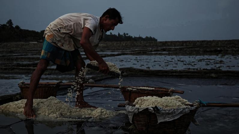 A farmer collects dried salt from his field, carefully filling baskets to store them in nearby pits for processing. Image by Sifayet Ullah, taken from Ali Akbar Dail area of Kutubdia.