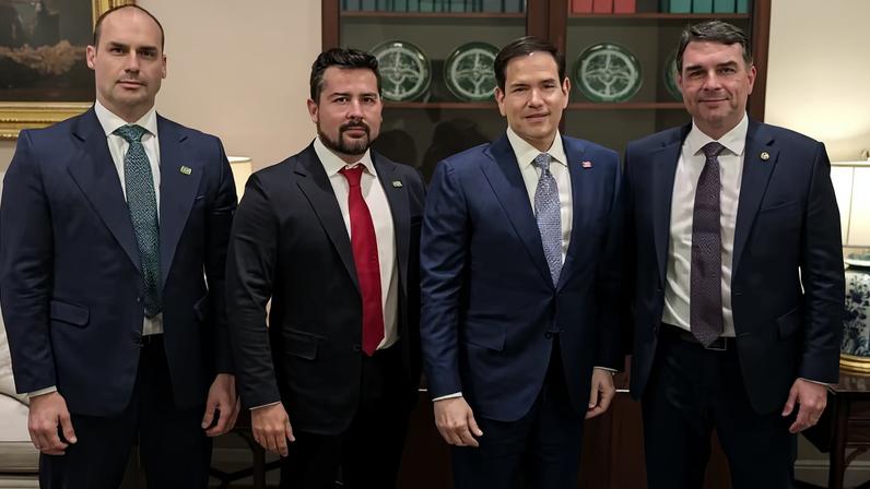 Eduardo Bolsonaro, Paulo Figueiredo, Marco Rubio e Flávio Bolsonaro — Foto: Reprodução/Redes Sociais