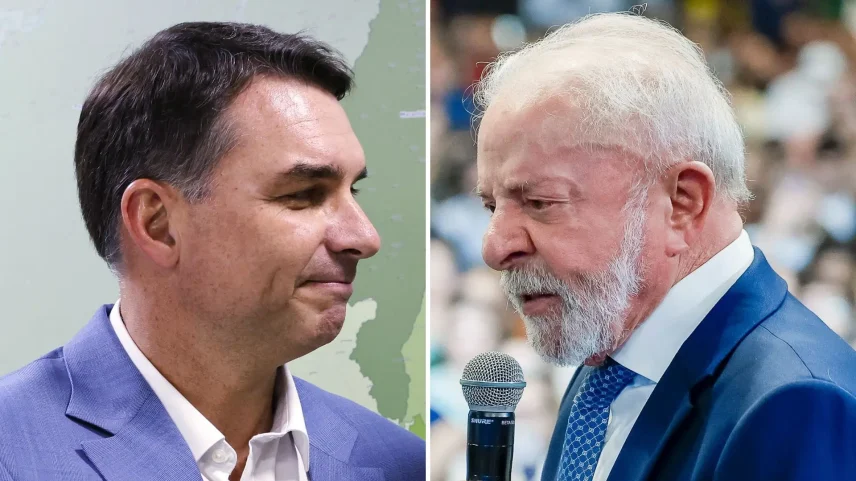 Flávio Bolsonaro e Lula têm os melhores desempenhos em todas as pesquisas para a Presidência. (Foto: Fotomontagem/Gazeta do Povo (Fotos: Beto Barata/PL e Ricardo Stuckert/PR).)