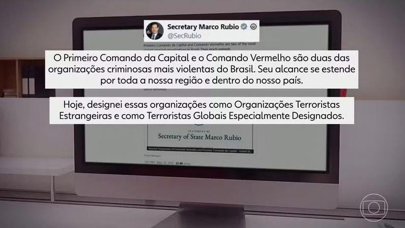 EUA decidem classificar PCC e Comando Vermelho como organizações terroristas — Foto: Jornal Nacional/ Reprodução
