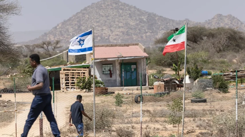 Flags of Israel and Somaliland fly alongside each other at the entrance to a fruit farm between the capital city of Hargeisa and Port city of Berbera in Somaliland on February 19.