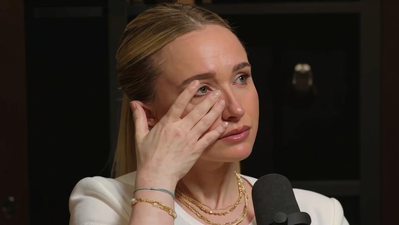 Hayden Panettiere wearing a white blazer with black lapels over a black lace top.