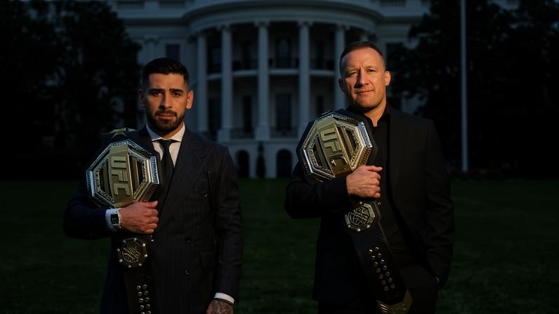 Ilia Topuria e Justin Gaethje em encarada para o UFC Casa Branca (Foto: Reprodução/X/UFC)