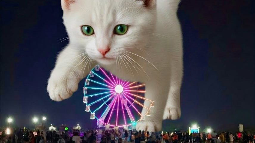 Foto editada com inteligência artificial mostra gato sobre uma roda gigante — Foto: Henrique Martin/g1 com recursos de IA