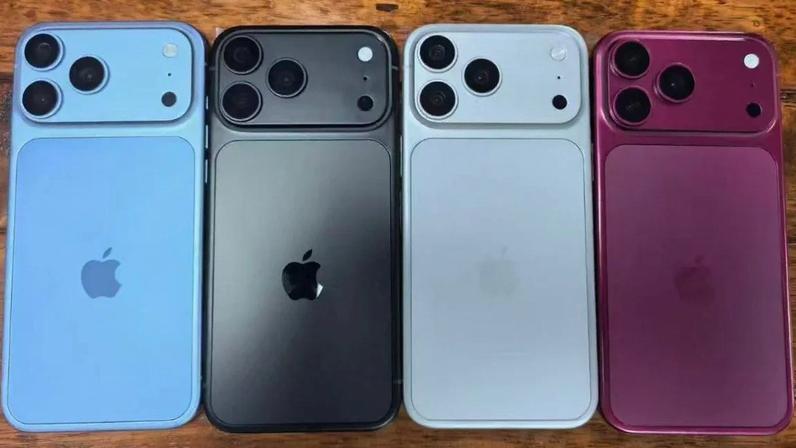 Photo of four iPhone 18 series dummies in blue, black, white, and cherry