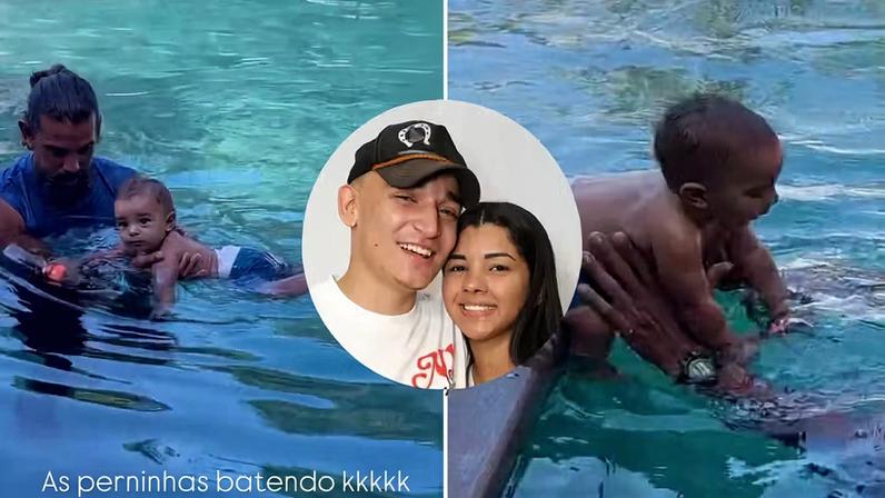 Joaquim, caçula de Ary Mirelle e João Gomes, em aula de natação — Foto: Reprodução/Instagram e Lucas Ramos/Brazil News
